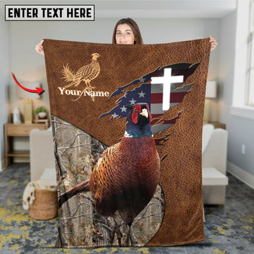 Maxcorners Pheasant Hunting Leather Texture Cross & American Flag Personalized Name 3D Blanket