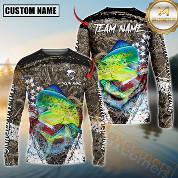 Maxcorners Fishing American Flag Scratch Grass Camo Custom Name & Team Name 3D Shirts