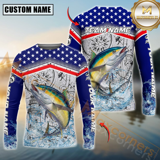 Maxcorners Fishing American Anchor Compass Lighthouse Graphic Custom Name & Team Name 3D Shirts