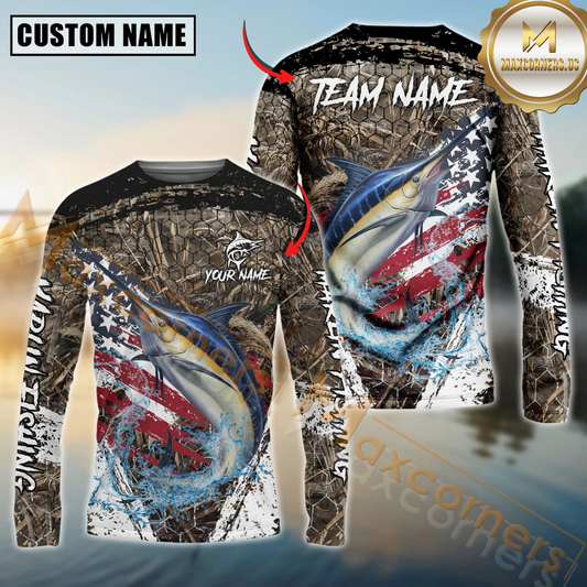 Maxcorners Fishing American Flag Scratch Grass Camo Custom Name & Team Name 3D Shirts