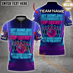 Maxcorners Neon Bowling Quote Shirt – "Top Secret" Multicolor Customized Name, Team Name 3D Shirts