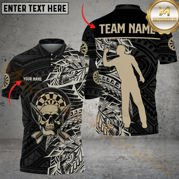 Maxcorners Gold And Black Tribal Pattern Custom Dart Shirts For Men, Skull Darts Team Shirts Dart Jerseys