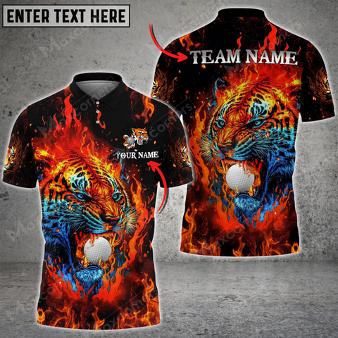 Maxcorners Golf Tiger Fire Flame Multicolor Option Customized Name, Team Name 3D Polo Shirt