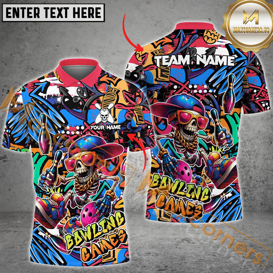 Maxcorners Funny Skull Colorful Graffiti Bowling Jersey Multicolor Option Customized Name, Team Name 3D Polo Shirt