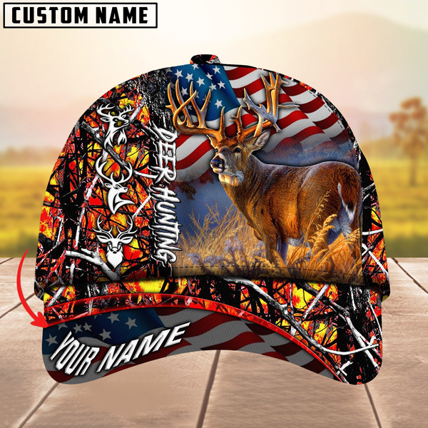 Maxcorners Hagre Zumjyre Deer Hunting American Flag Multicolor Personalized Name 3D Cap