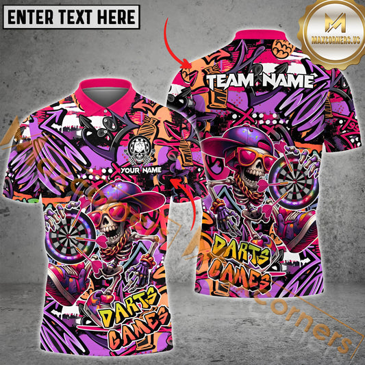 Maxcorners Darts Funny Skull Colorful Graffiti Mutilcolor Options Personalized Name, Team Name 3D Polo Shirt