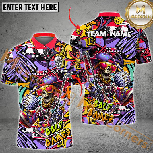 Maxcorners Golf Funny Skull Colorful Graffiti Multicolor Option Customized Name, Team Name 3D Polo Shirt