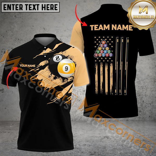 Maxcorners Ball 8&9 Golden Pattern Billiard Jersey Personalized Name, Team Name 3D Polo Shirt