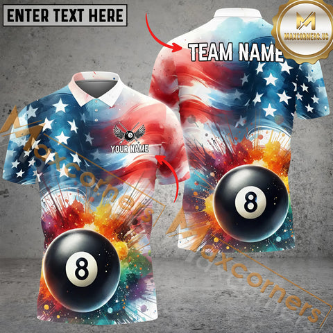 Maxcorners Watercolor Effect USA Flag Billiard Jersey Customized Name, Team Name 3D Polo Shirt