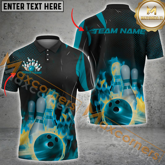 Maxcorners Flaming Bowling Jersey Multicolor Option Customized Name, Team Name 3D Polo Shirt
