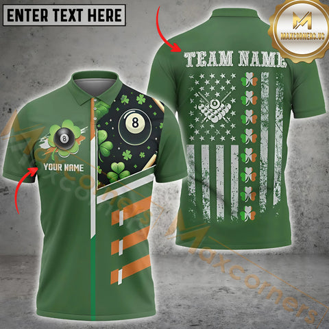 Maxcorners St Patrick'S Day American Flag Billiard Jersey Personalized Name, Team Name 3D Polo Shirt