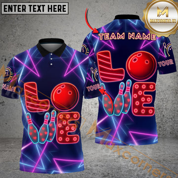 Maxcorners Bowling LOVE with pins and ball in neon design Personalized Name 3D Unisex Shirt