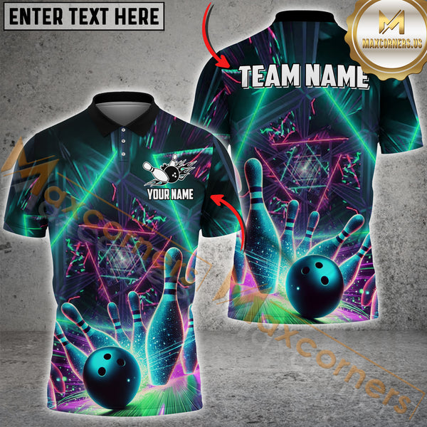 Maxcorners Bowling Neon Strike Multicolor Option Customized Name, Team Name 3D Polo Shirt