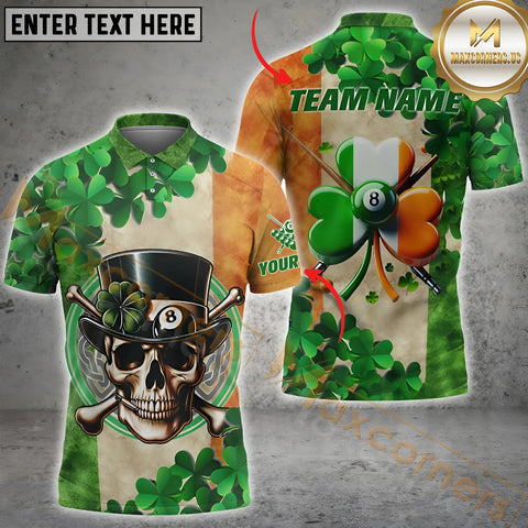 Maxcorners St Patrick'S Day Funny Skull Billiard Jersey Personalized Name, Team Name 3D Polo Shirt