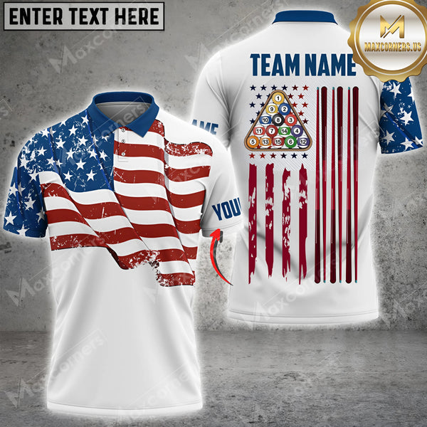 Maxcorners Ball USA Flag Champion Pattern Billiard Jersey Personalized Name, Team Name 3D Shirt