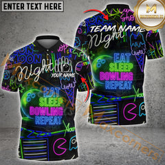 Maxcorners Bowling Eat Sleep Bowl Repeat Neon Style Multicolor Customized Name, Team Name 3D Shirts