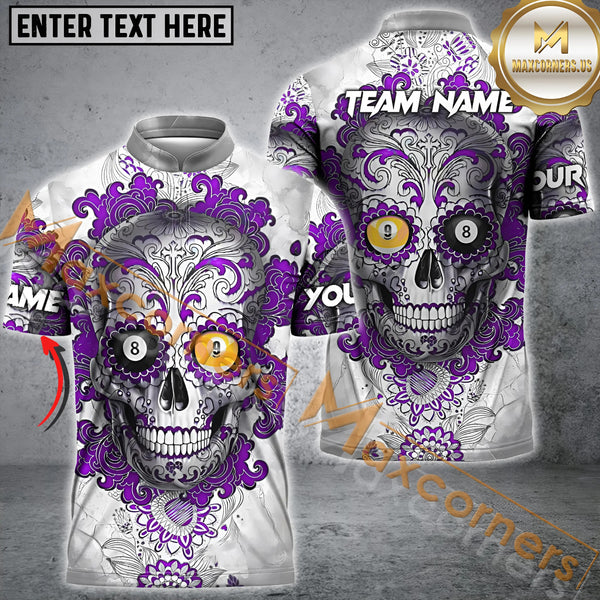Maxcorners Ball 8&Ball 9 Sugar Skull Art Billiard Jersey Multicolor Options Personalized Name, Team Name 3D Polo Shirt (4 Colors)