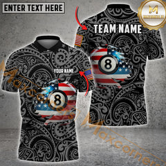Maxcorners Billiard American Flag 8-Ball With Tribal Pattern Multicolor Customized Name, Team Name 3D Shirts