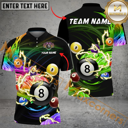 Maxcorners Billiard Flame Multicolor Personalized Name, Team Name 3D Polo Shirt (6 Colors)