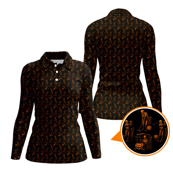 Maxcorners Halloween Skeleton Golf Shirt, Funny Pattern Golf Polos For Men, Spooky Golf Cart & Pumpkin Shirts