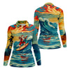 Maxcorners Tropical Surfing Santa Sunset Christmas Golf Shirt, Women's Golf Tops, Hawaiian Golf Shirt LM1507