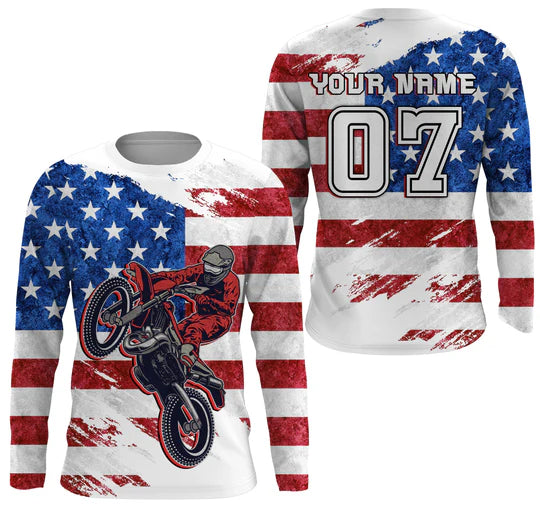 American Flag Dirt Bike Jersey Personalized UPF30+ Adult Patriotic Motocross Racing Motorcycle Jersey