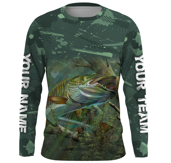 Maxcorners Musky (Muskie) Fishing Green Camo Customize Name 3D Shirts