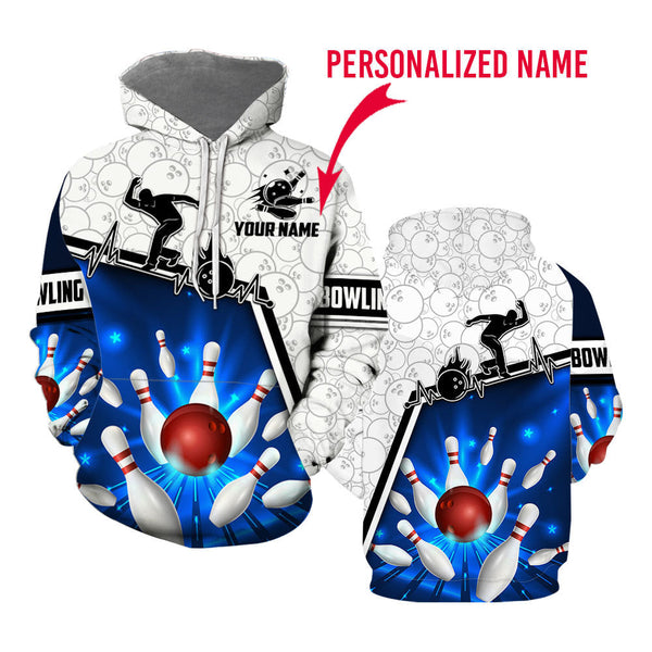 Maxcorners Blue Bowling Ball Pattern 3D Custom Name Shirt