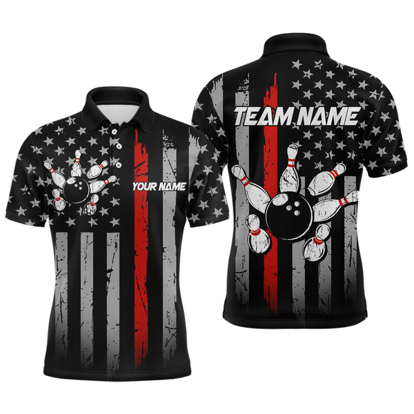 Maxcorners Us Red Flag Bowling Shirt For Men Custom Name Polo & Quarter-Zip Bowling Jersey Bowling Team Shirt 