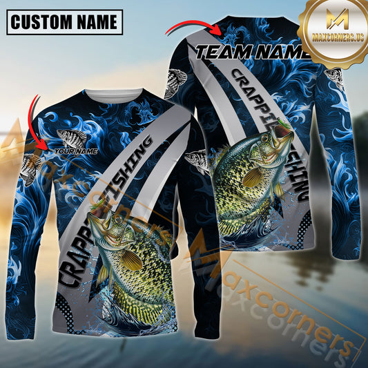 Maxcorners Crappie Fishing Blue Flame Smoke Silver Dynamic Wave Sport Jersey Personalized Name, Team Name Long Sleeve Shirt