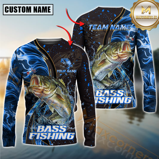 Maxcorners Mahi-Mahi Fishing Blue Flame Smoke Line Premium Style Sport Jersey Personalized Name, Team Name Long Sleeve Shirt (8 Fish Species)