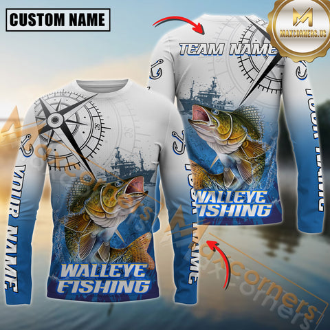 Maxcorners Walleye Fishing Realistic Fish Compass Anchor Pattern Sport Jersey Personalized Name, Team Name Long Sleeve Shirt