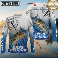 Maxcorners Bass Fishing Realistic Fish Compass Anchor Pattern Sport Jersey Personalized Name, Team Name Long Sleeve Shirt