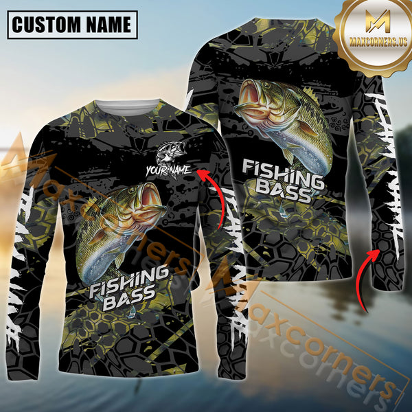 Maxcorners Bass Fishing Black Scales SkinFish Pattern Sport Jersey Personalized Name, Team Name Long Sleeve Shirt