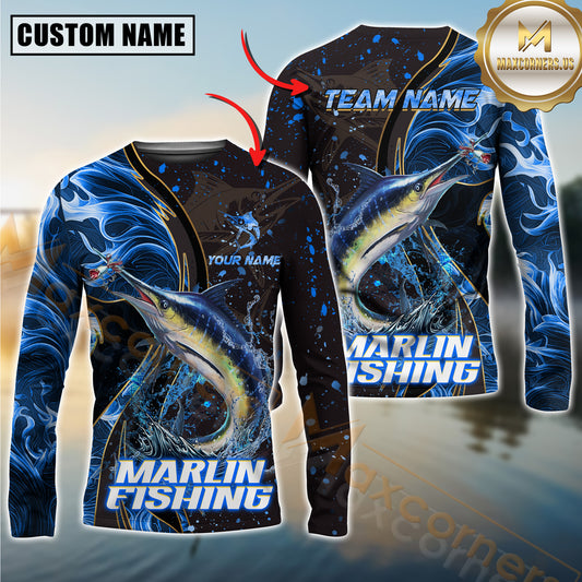 Maxcorners Marlin Fishing Blue Flame Smoke Line Premium Style Sport Jersey Personalized Name, Team Name Long Sleeve Shirt