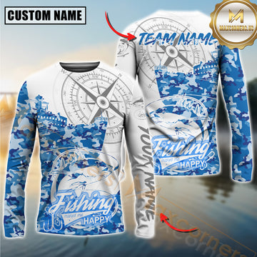Maxcorners Tuna Fishing Blue Camouflage Compass Hook Design Pattern Sport Jersey Personalized Name, Team Name Long Sleeve Shirt