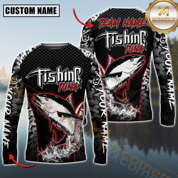 Maxcorners Tuna Fishing Aggressive Red Splash Camo Pattern Sport Jersey Personalized Name, Team Name Long Sleeve Shirt