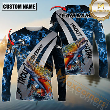 Maxcorners Trout Fishing Blue Flame Smoke Silver Dynamic Wave Sport Jersey Personalized Name, Team Name Long Sleeve Shirt