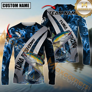 Maxcorners Tuna Fishing Blue Flame Smoke Silver Dynamic Wave Sport Jersey Personalized Name, Team Name Long Sleeve Shirt