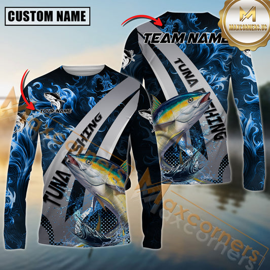 Maxcorners Tuna Fishing Blue Flame Smoke Silver Dynamic Wave Sport Jersey Personalized Name, Team Name Long Sleeve Shirt
