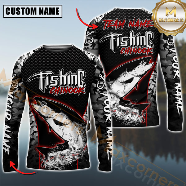 Maxcorners Chinook Fishing Aggressive Red Splash Camo Pattern Sport Jersey Personalized Name, Team Name Long Sleeve Shirt