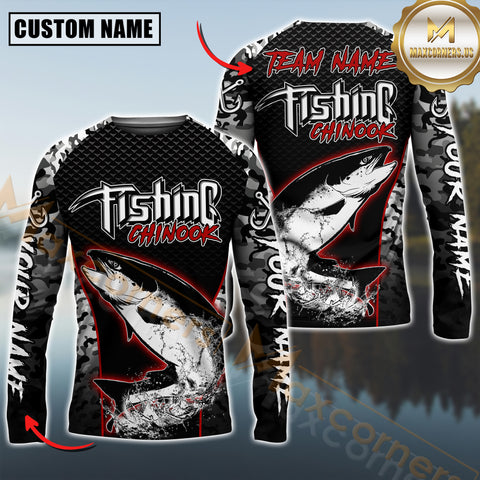 Maxcorners Chinook Fishing Aggressive Red Splash Camo Pattern Sport Jersey Personalized Name, Team Name Long Sleeve Shirt
