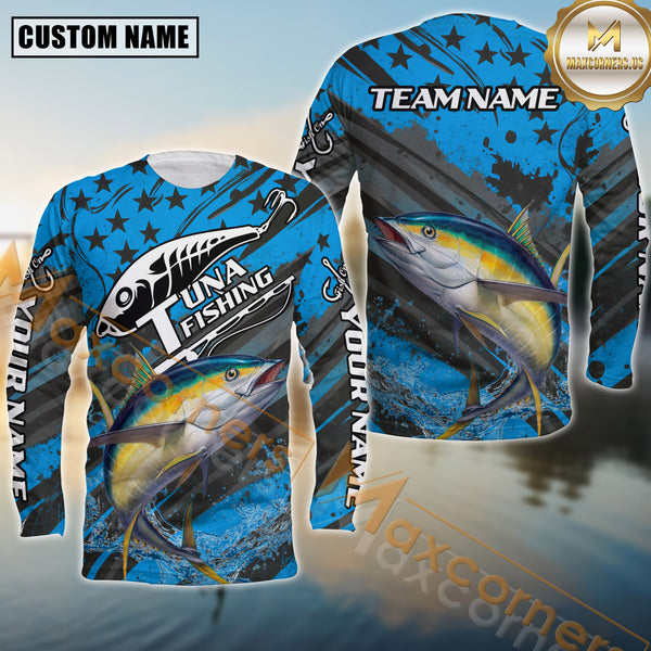 Maxcorners Tuna Fishing Blue Star Grunge Style Pattern Sport Jersey Personalized Name, Team Name Long Sleeve Shirt