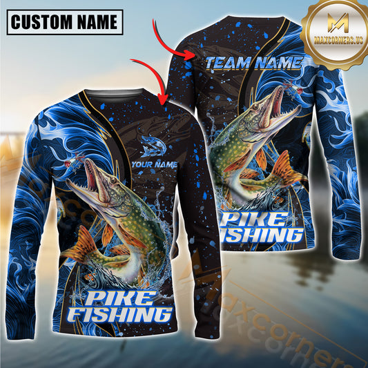 Maxcorners Pike Fishing Blue Flame Smoke Line Premium Style Sport Jersey Personalized Name, Team Name Long Sleeve Shirt
