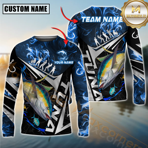 Maxcorners Tuna Fishing Silver Line Blue Flame Pattern Jersey Personalized Name, Team Name Long Sleeve Shirt
