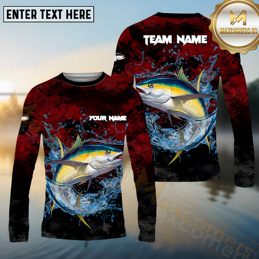Maxcorners Tuna Fishing Red Color Pattern Pattern Sport Jersey Personalized Name, Team Name Long Sleeve Shirt