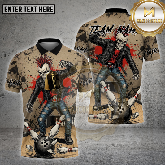Maxcorners Bowling Shirt Punk Rock Skull Leather Style Multicolor Options Personalized Name, Team Name 3D Shirt (4 Colors)