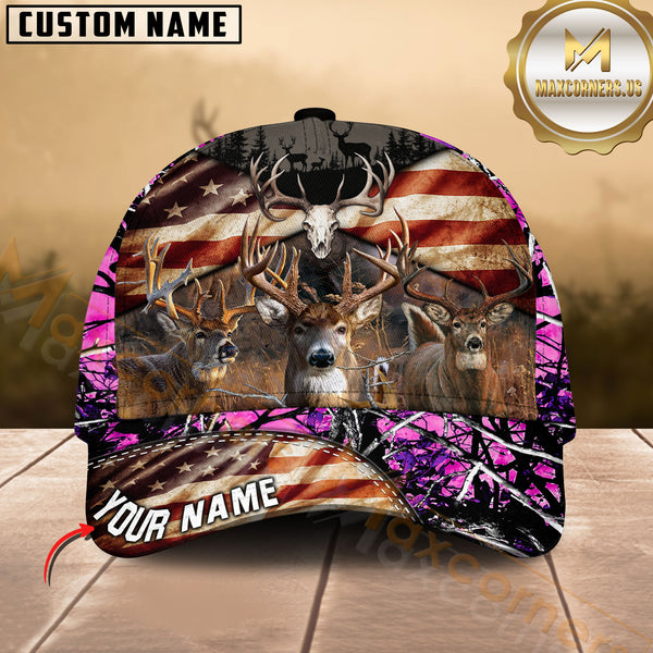 Maxcorners American Flag Deer Hunting Camo Multicolor Options Personalized Name 3D Cap