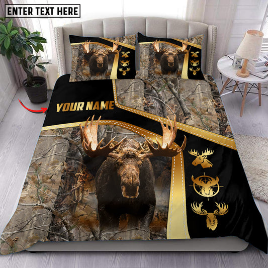 Maxcorners Custom Name Moose Hunting Grass Brown Camo Golden Pattern Bedding Set 3D All Over Printed