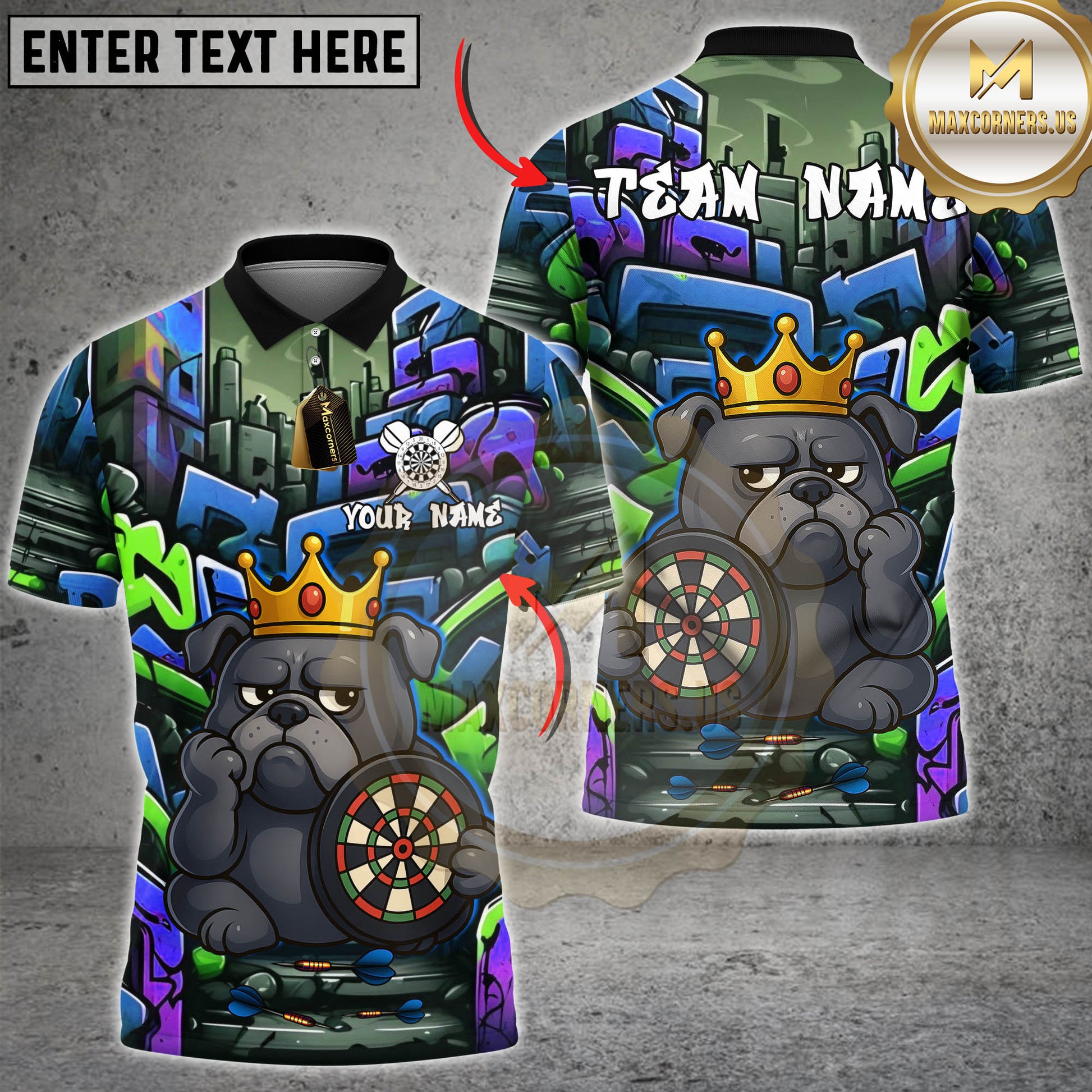 Graffiti-style darts shirt featuring a cartoon bulldog with a crown, holding a dartboard. Urban background with vibrant neon colors.